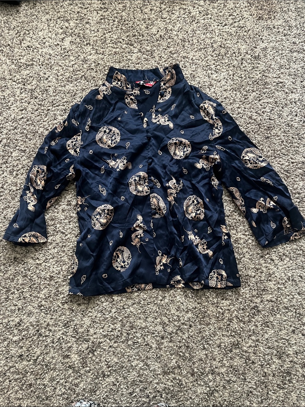 Black Silk-Feel Dragon Print Mandarin Collar Top